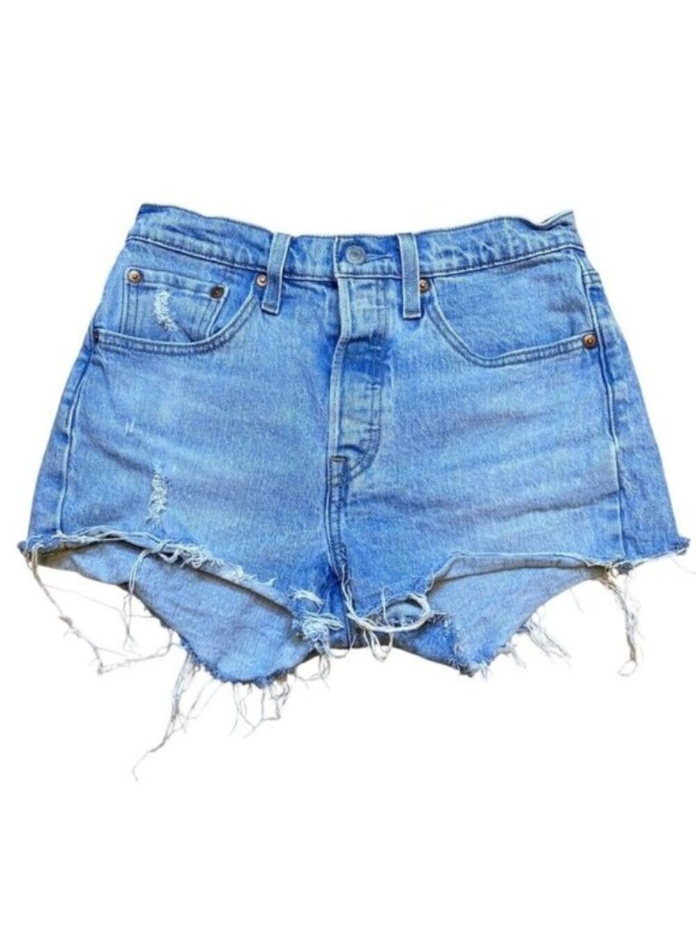 Levis 501 High-Waisted Distressed Denim Shorts With Frayed Hem Button Fly Light